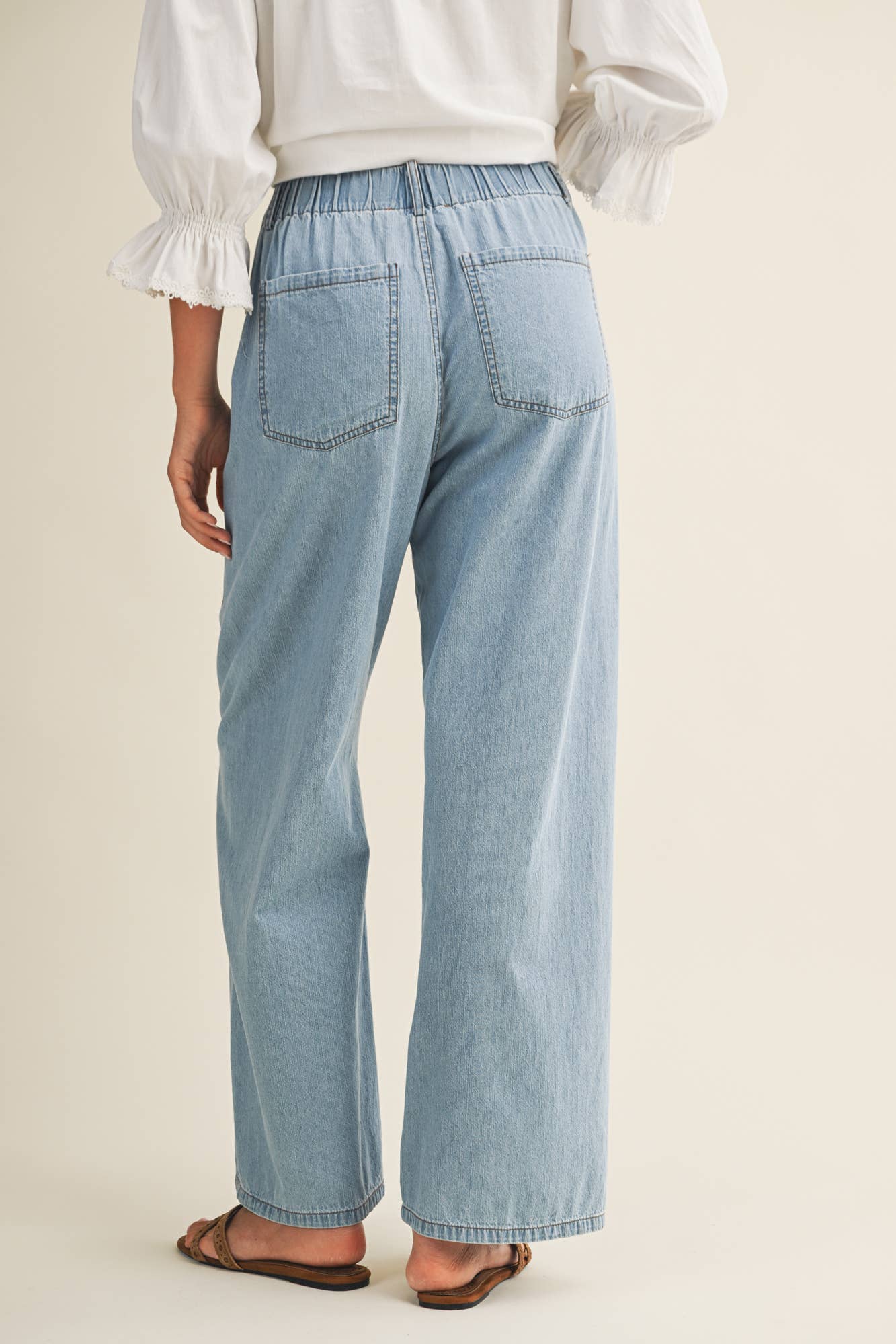 Relaxed Denim Pants with Drawstring Waist: Washed Denim, M - Market 12
