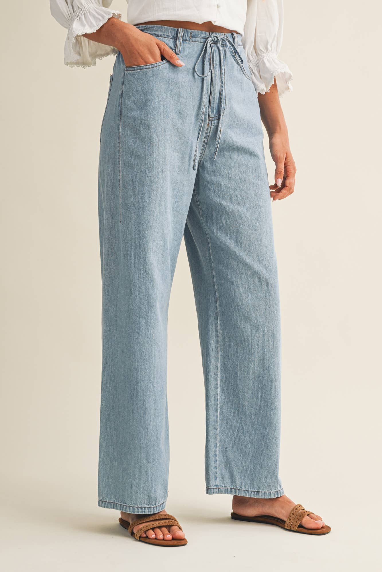 Relaxed Denim Pants with Drawstring Waist: Washed Denim, M - Market 12