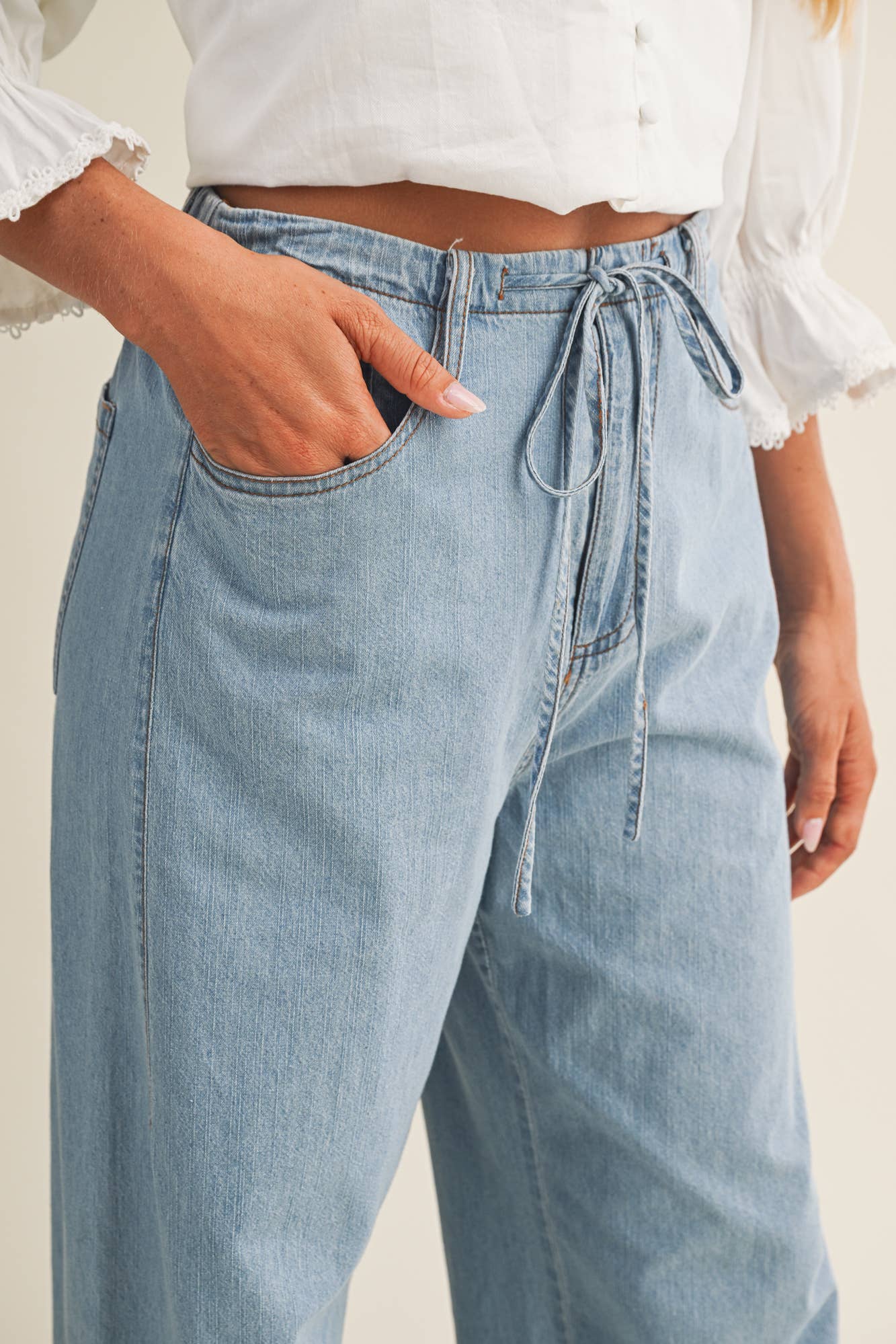 Relaxed Denim Pants with Drawstring Waist: Washed Denim, M - Market 12