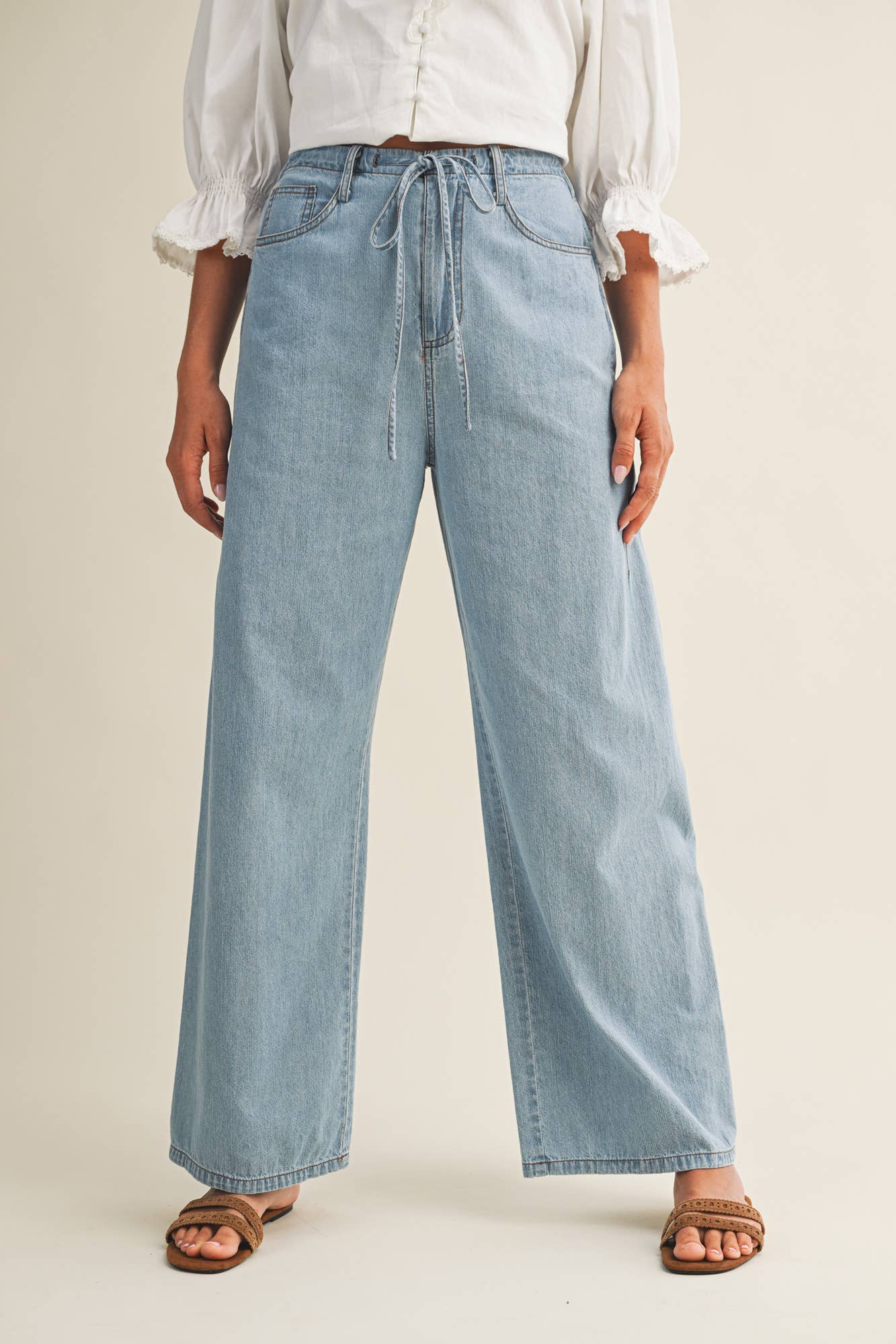 Relaxed Denim Pants with Drawstring Waist: Washed Denim, M - Market 12
