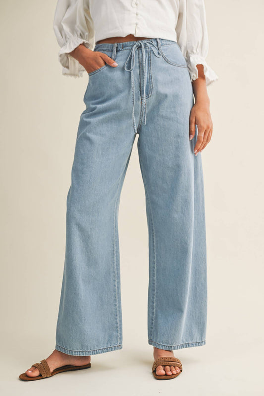 Relaxed denim pants with drawstring waist: washed denim, S - Market 12