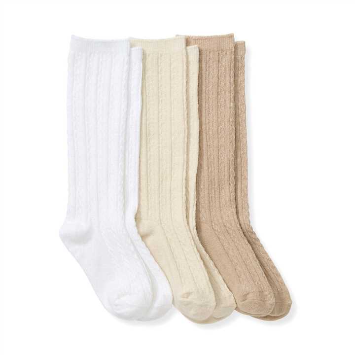Set of 3 Cable Knit Knee High Socks: Oat - Market 12