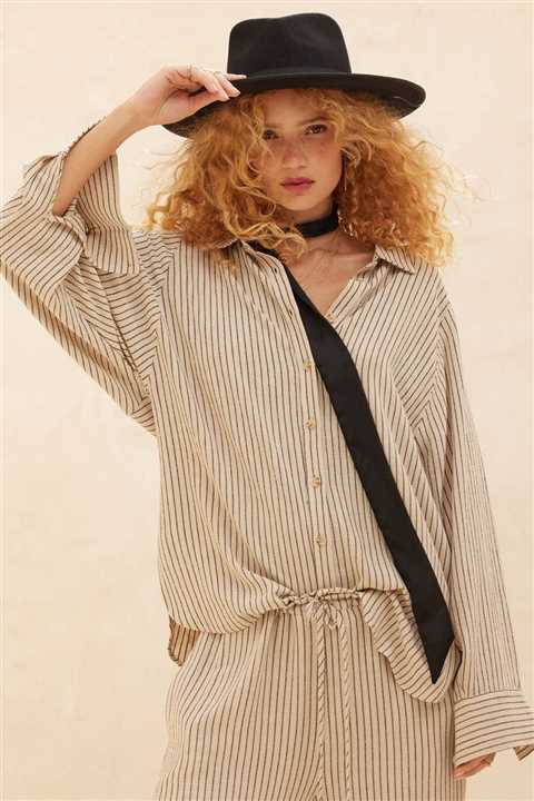 Striped Loose - Fit Collared Button - Up Shirt: Taupe - Market 12