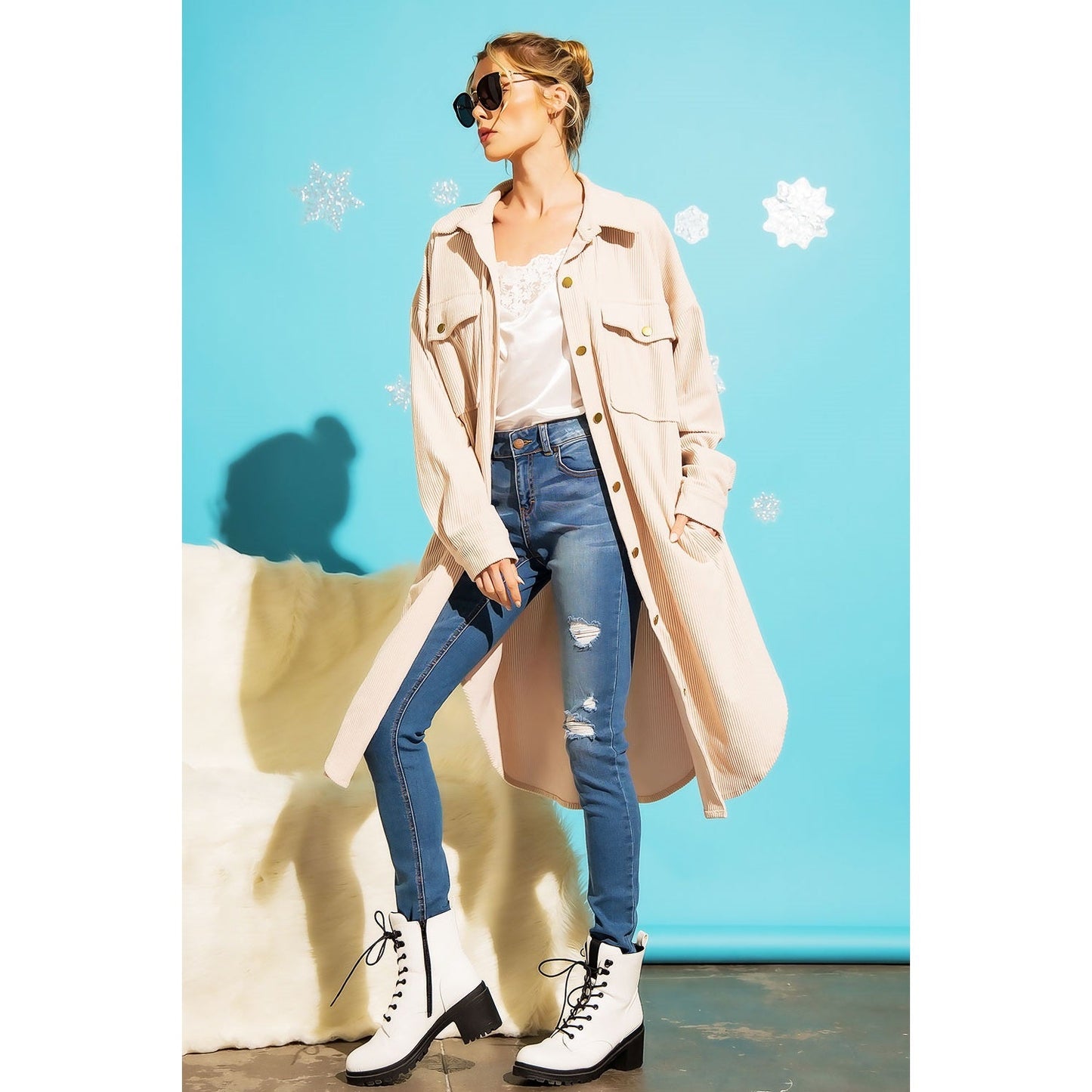 Warm Taupe Long Corduroy Button - Down Shirt Jacket Shacket - Market 12