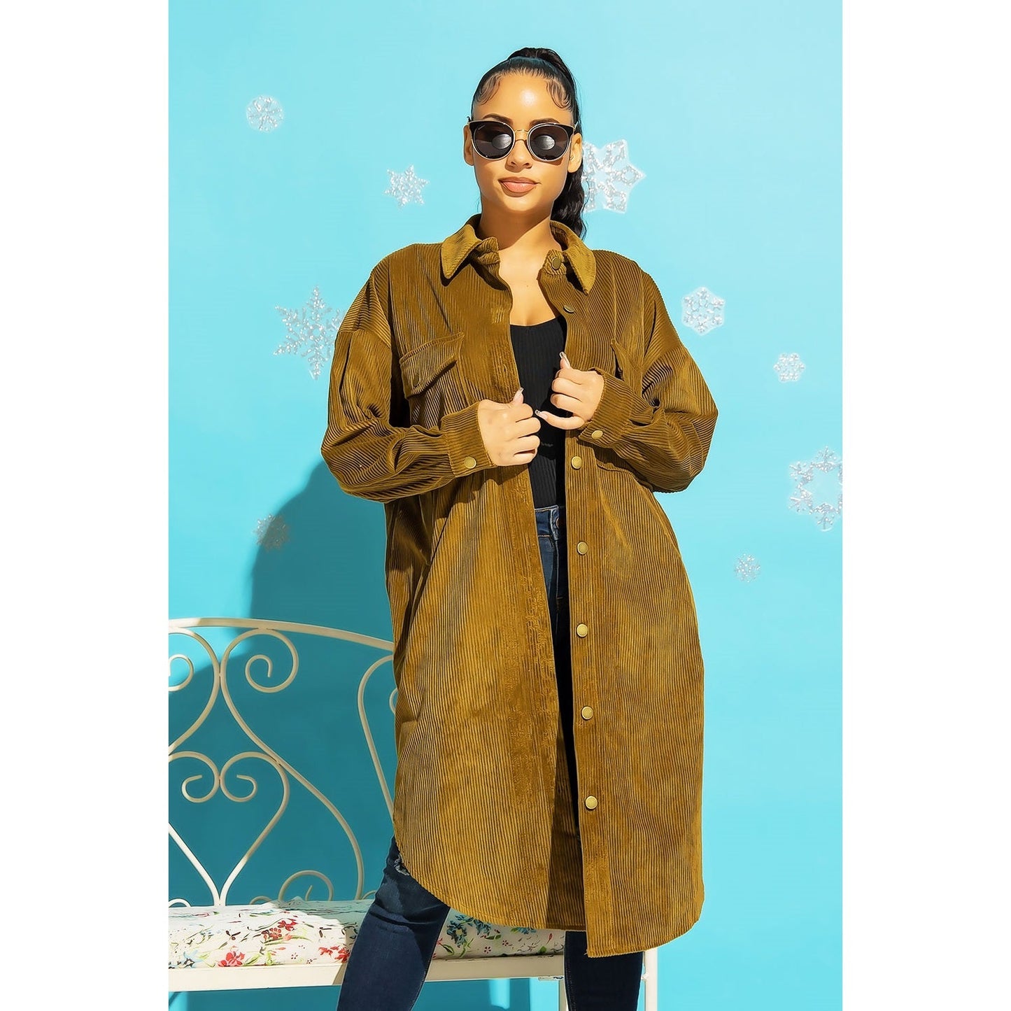 Warm Taupe Long Corduroy Button - Down Shirt Jacket Shacket - Market 12