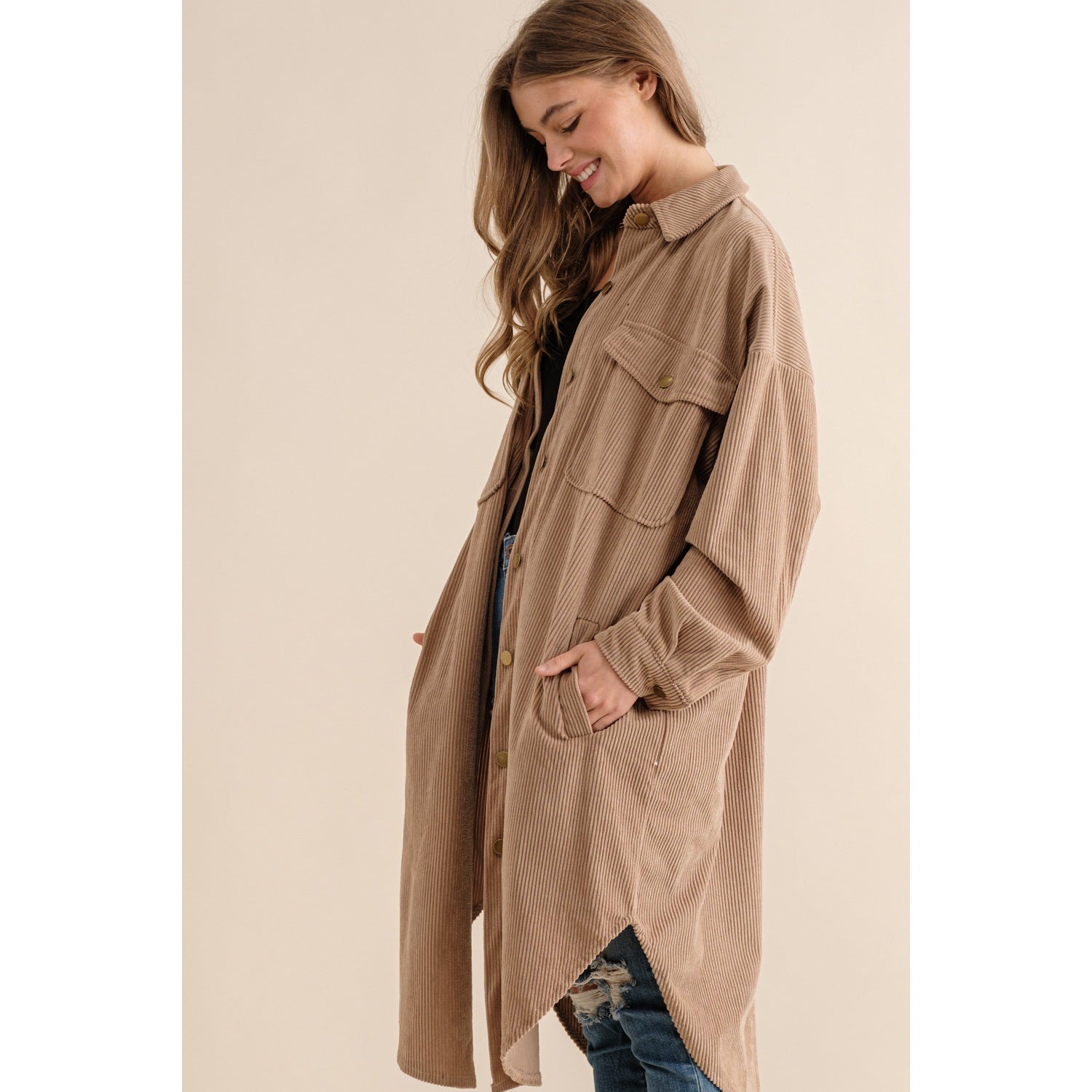 Warm Taupe Long Corduroy Button - Down Shirt Jacket Shacket - Market 12